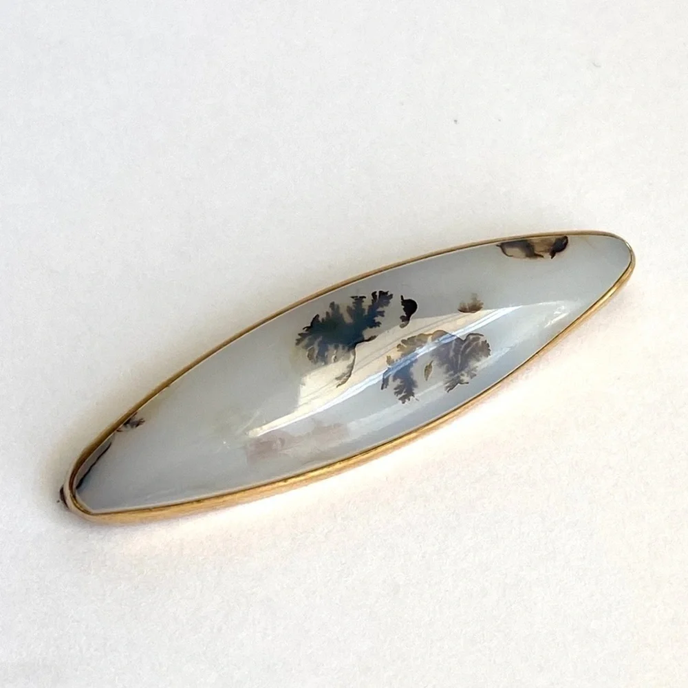 14K Gold Agate Brooch Montana‎ Moss Antique Vintage Art Deco 40s 50s Stone Pin